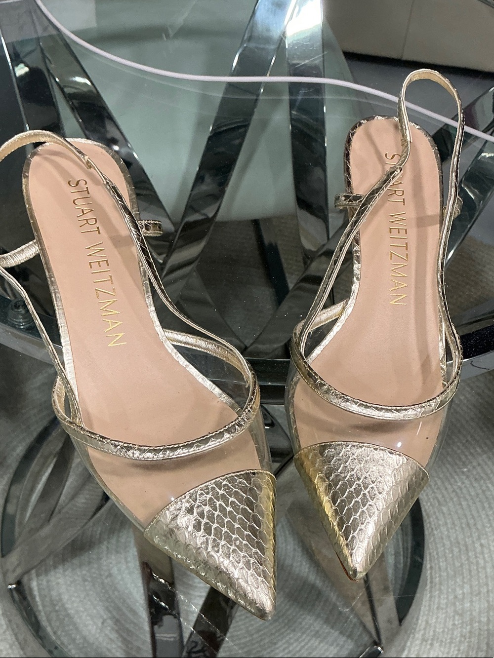 Stuart Weitzman Metallic Gold Pointed Slingback Heels